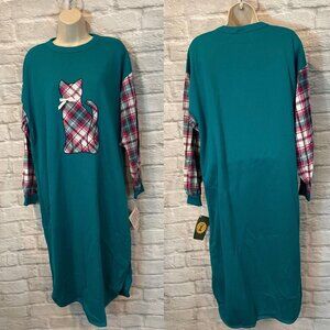 Vintage Bold Spirit Teal Green Cat Applicate Fleece Night Gown Lounge Sz M NEW